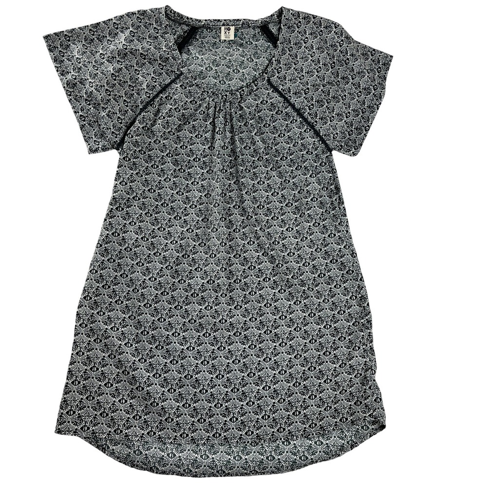 Roxy Black White Print Mini Dress Boho Short Sleeve Medium